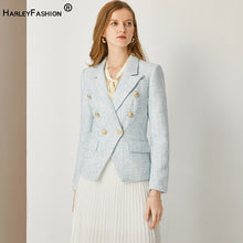 将图片加载到图库查看器,HarleyFashion Women Autumn Winter Warm Weave Tweed Blazer Plaid Pattern High Quality Casual Slim Fitness Light Blue Jackets
