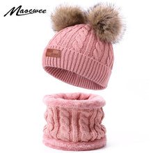 将图片加载到图库查看器,Two pieces Hat Scarf Set Beanie Cap Children's Hats Girls Caps Fake Ball Pompon Keep Warm Winter Knitted Skullies Kids Bone