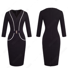 將圖片載入圖庫檢視器 Women Elegant Patchwork Belted Work Bodycon V Neck Contrast Fashion Office Lady Dress EB414