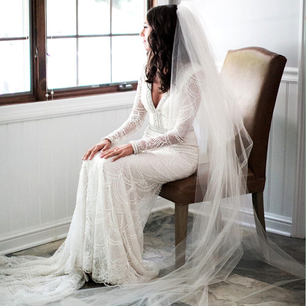 White Bridal Gown Deep V-Neck Custom Lace Mermaid Wedding Dresses 2020 Long Sleeve bride dress платье свадебное vestido de noiva