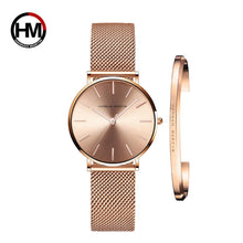 将图片加载到图库查看器,Women Watch 1 set Bracelet Japan Quartz Movement Simple Waterproof Rose Gold Stainless Steel Mesh Ladies watch relogio feminino