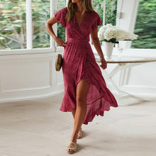 Load image into Gallery viewer, HiloRill Summer Long Maxi Dress Women Casual Boho Floral Print Beach Dress Sexy V-Neck Ruffle Bodycon Wrap High Slit Party Dress