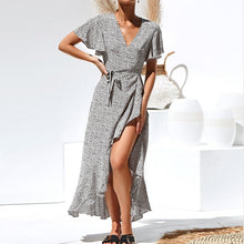 Load image into Gallery viewer, HiloRill Summer Long Maxi Dress Women Casual Boho Floral Print Beach Dress Sexy V-Neck Ruffle Bodycon Wrap High Slit Party Dress