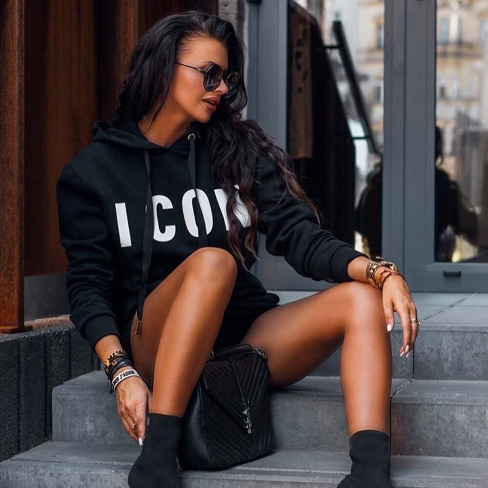 Hoodie Dress Lady Casual Letter Print Hooded Sweatshirt Dresses Autumn Winter Tops Women Long Sleeve Sport Dress Sportwear D25