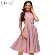 Cargar imagen en el visor de la galería, ICHOIX 2019 Spring Summer Women's Dress Elegant Solid dress Ladies Slim Office Party Dress Sashes Women's Clothing