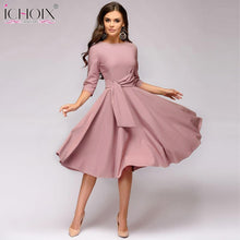 Cargar imagen en el visor de la galería, ICHOIX 2019 Spring Summer Women's Dress Elegant Solid dress Ladies Slim Office Party Dress Sashes Women's Clothing