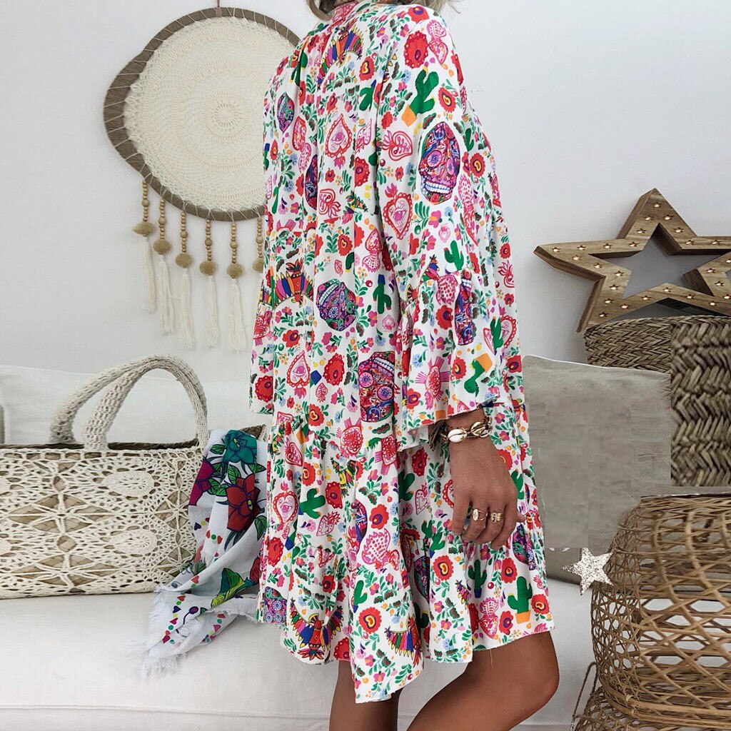 JAYCOSIN Vintage 5XL Women Summer Dress Ladies Loose Print vestidos Three Quarter Sleeve ruffles Mini beach Dress Sundress 723