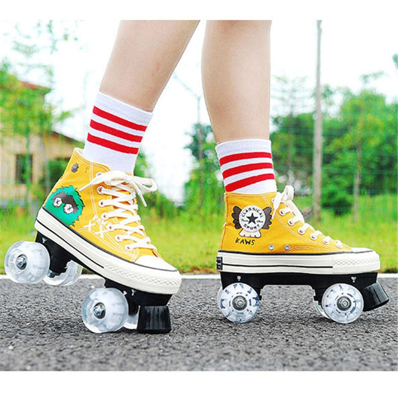JK Quad Roller Skates Canvas Unisex Double Line Skates Adult Kid Two line Skating Shoes Led Tires Patines Casual Rollerblade