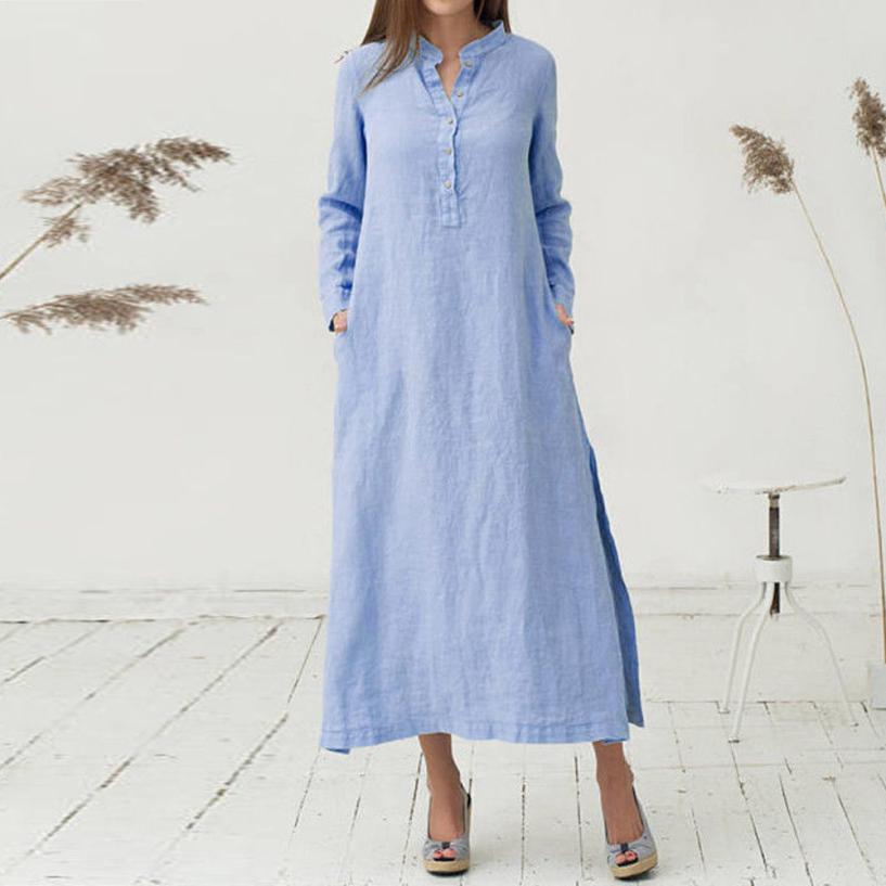 KANCOOLD Women's Kaftan Cotton Long Sleeve Plain Casaul Dress Oversized Maxi Long Shirt dress women 2018jul20