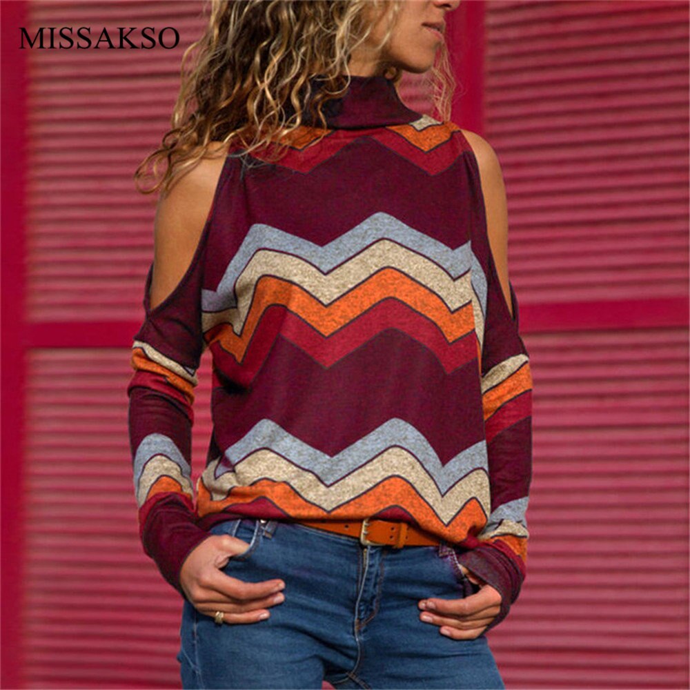 Women's Knitted Striped Off Shoulder Blouse Turtleneck Spring Summer Autumn Fashion Lady Tops Shirt Plus Size Blusas Camisas Mujer