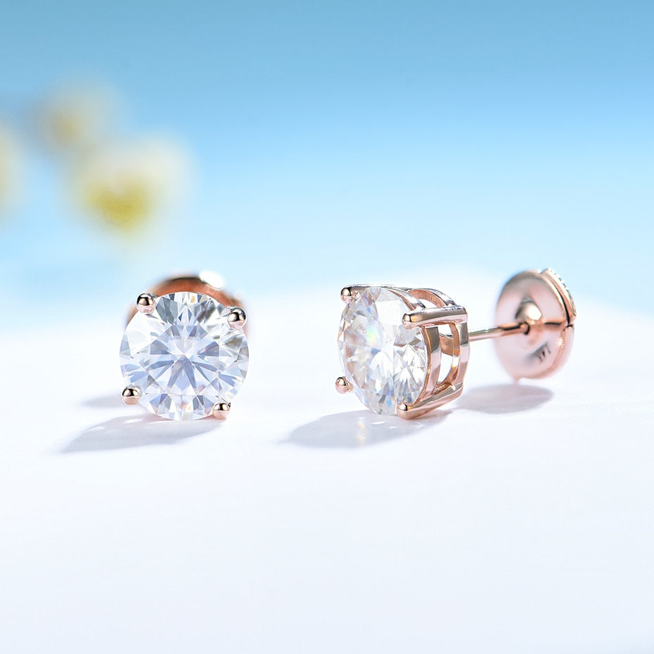 Kuololit Solid 18K 14K 10K Rose Gold Pousette Back Earrings 4CT Moissanite Gemstone Stud Earrings for Women Round 8.0 Solitaire