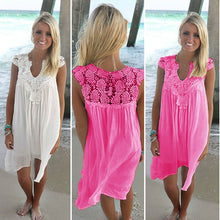 將圖片載入圖庫檢視器 Lace Patchwork Dress Summer Beach Vacation Solid Women Dress Sexy V Neck Sleeveless Hollow Out Loose Dress White Lady Mini Dress