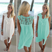 將圖片載入圖庫檢視器 Lace Patchwork Dress Summer Beach Vacation Solid Women Dress Sexy V Neck Sleeveless Hollow Out Loose Dress White Lady Mini Dress