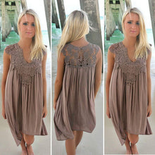 將圖片載入圖庫檢視器 Lace Patchwork Dress Summer Beach Vacation Solid Women Dress Sexy V Neck Sleeveless Hollow Out Loose Dress White Lady Mini Dress