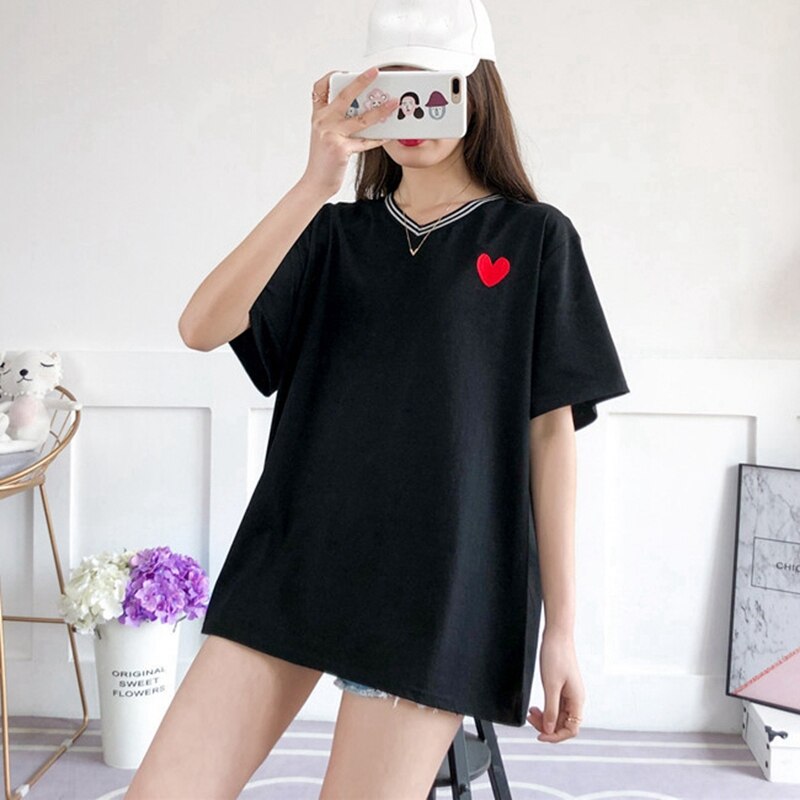 Large size women's T-shirt love printing large size 8XL 9XL 10X 12XL13XL summer V-neck short sleeve loose large size black top