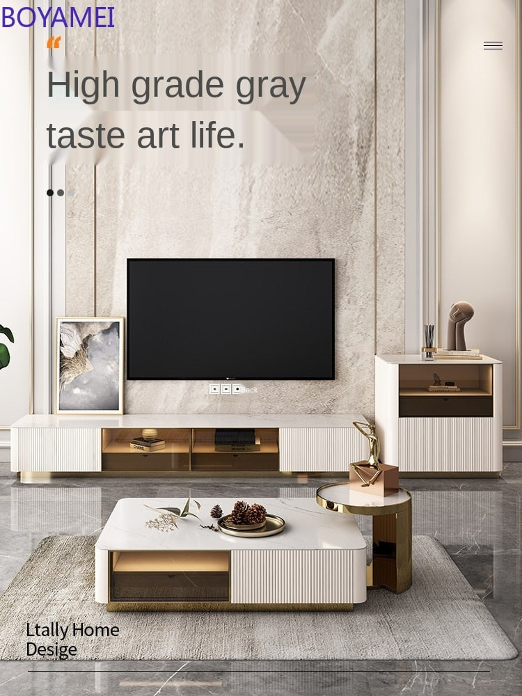 Light luxury bright rock TV cabinet tea table combination Italian minimalist modern simple small family living room high class