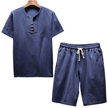 Load image into Gallery viewer, Litthing Men's Linen Sets Brands O-Neck Solid Short sleeve t shirt shorts Summer Fashion Male Casual Drawsting Suit M-5XL