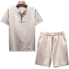 Load image into Gallery viewer, Litthing Men's Linen Sets Brands O-Neck Solid Short sleeve t shirt shorts Summer Fashion Male Casual Drawsting Suit M-5XL
