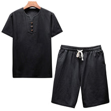 Load image into Gallery viewer, Litthing Men's Linen Sets Brands O-Neck Solid Short sleeve t shirt shorts Summer Fashion Male Casual Drawsting Suit M-5XL