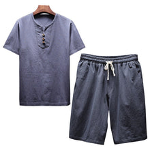 Load image into Gallery viewer, Litthing Men's Linen Sets Brands O-Neck Solid Short sleeve t shirt shorts Summer Fashion Male Casual Drawsting Suit M-5XL