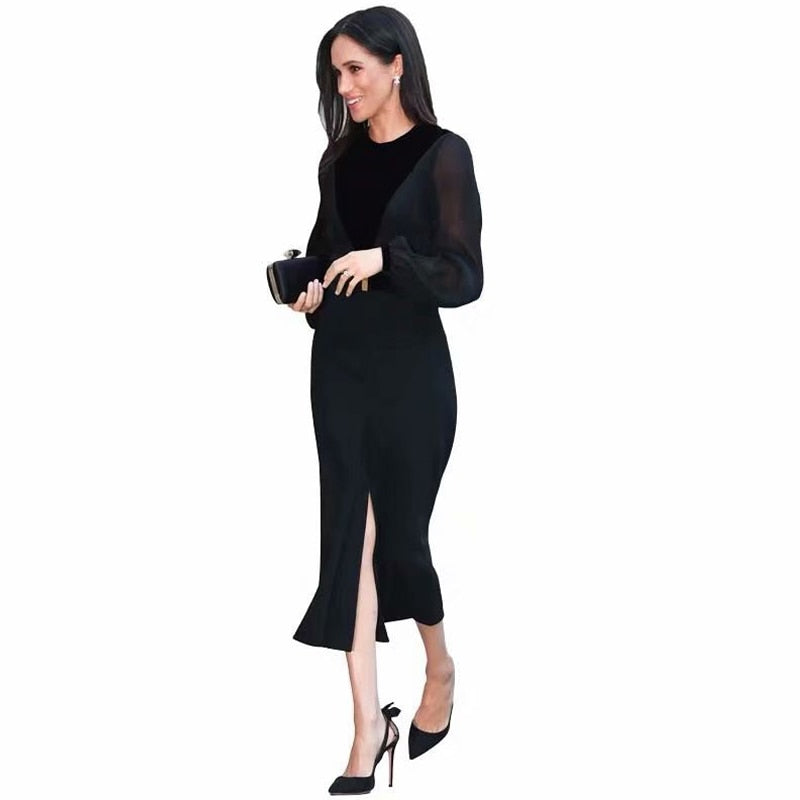 Long Dress Designer High Quality Autumn New Women's Fashion Work Party Sexy Sexy Elegant Chic Pencil Black Long Sleeve Dresses