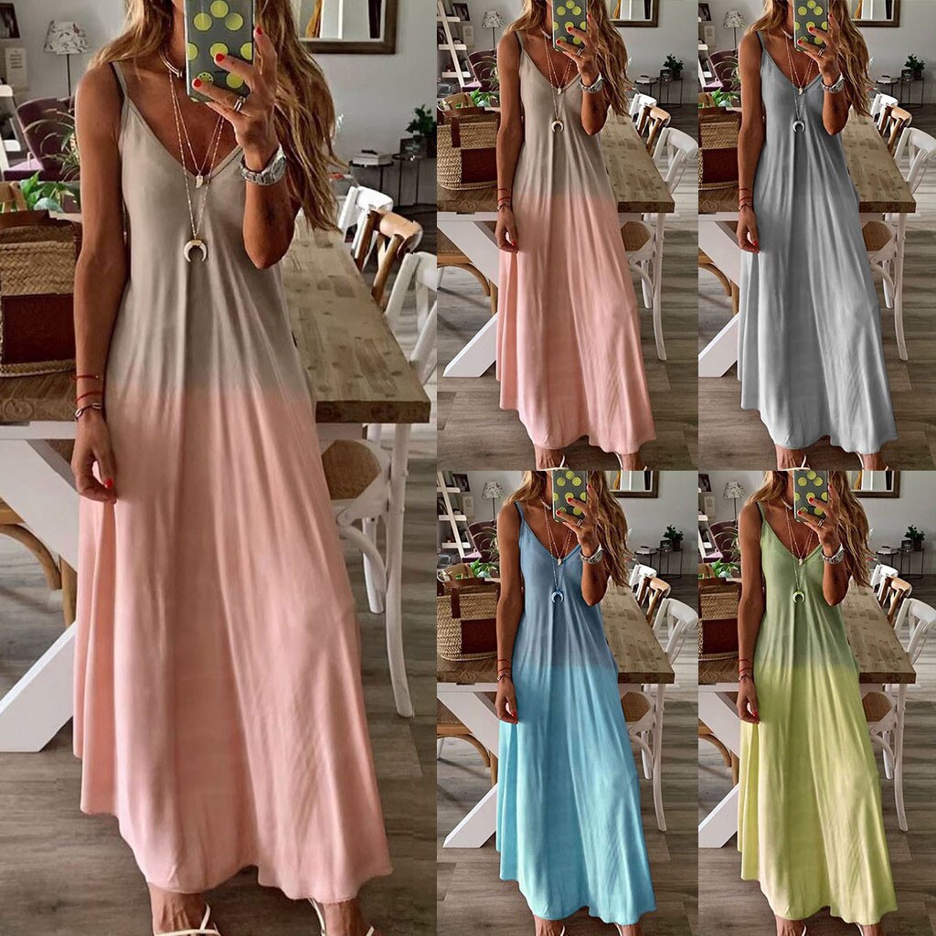 Long V neckless dress for women bohemian style women's evening party dresses Casual Sleeveless Print Maxi Tank Long Dress