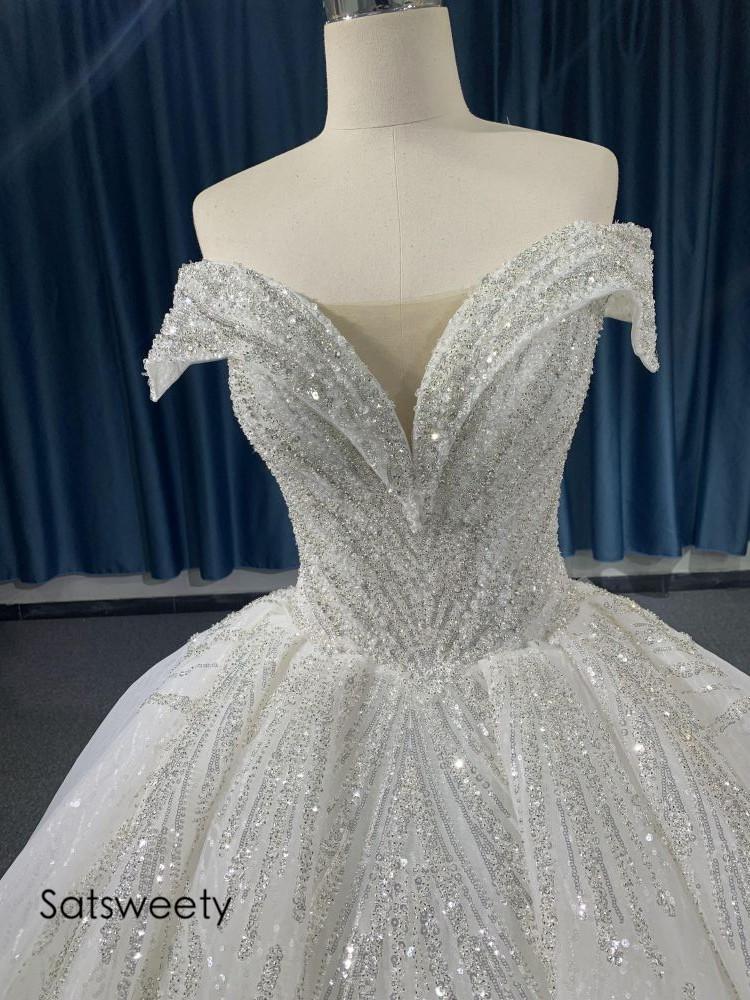 Luxury Beaded Princess Wedding Dress Lace Appliques Off Shoulder Ball Gown Illusion Bridal Customized Vestido de Noivas
