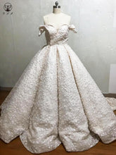 Load image into Gallery viewer, Luxury Off the Shoulder Sweetheart Short Sleeve Beaded Bling Bling Leafs Puffy Ball Gown Champagne Wedding Dresses