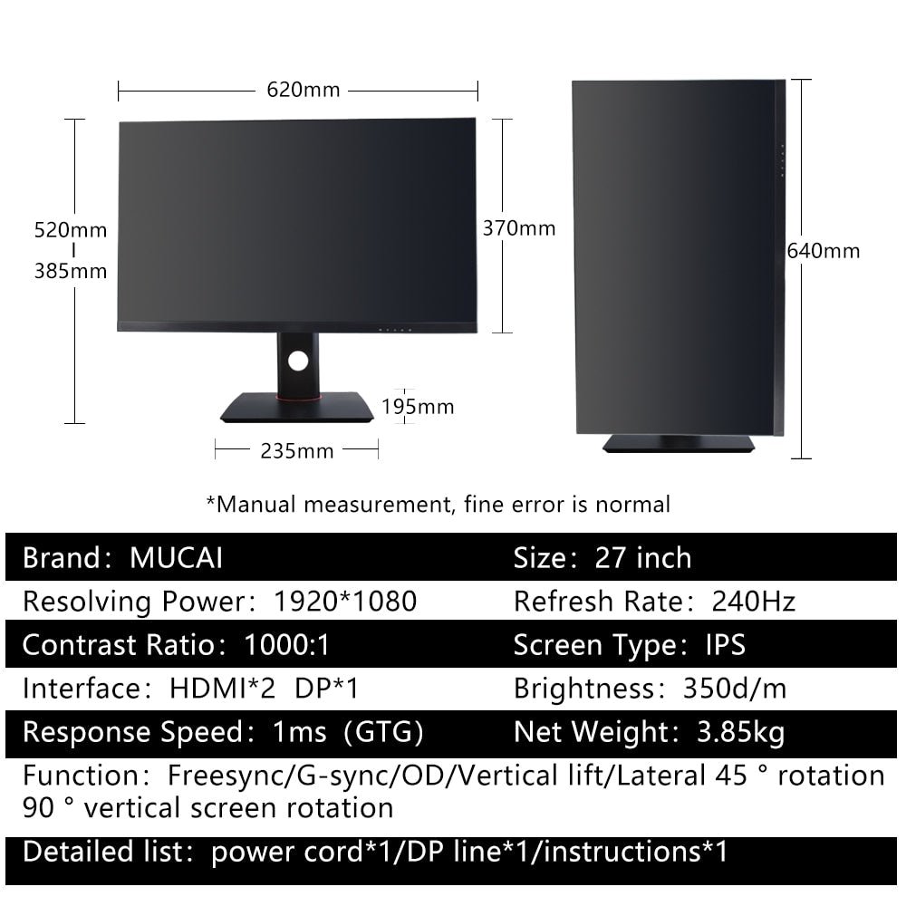 MUCAI 27 inch 240Hz IPS monitor desktop computer game PC lcd display gamer HD Flat panel HDMI/DP Lifting and rotating base
