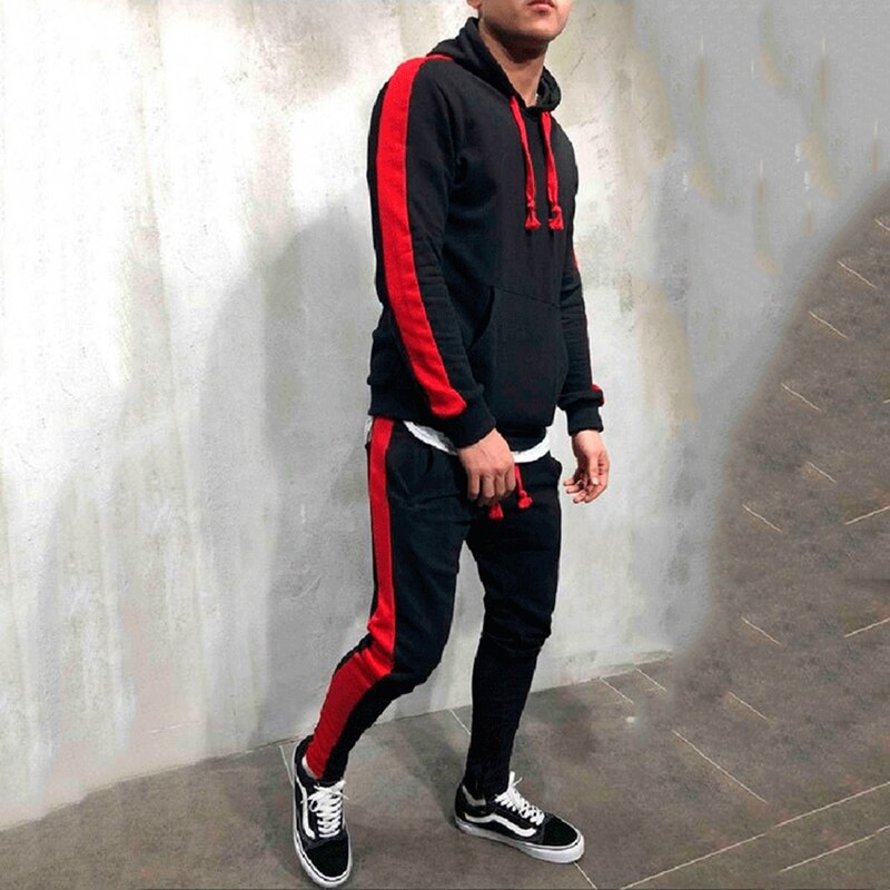 Men's Stripe Patchwork Hoodies Bigsweety 2 Pieces Sets Tracksuit Men New Brand Autumn Winter Hooded Sweater + Drawstring Pants