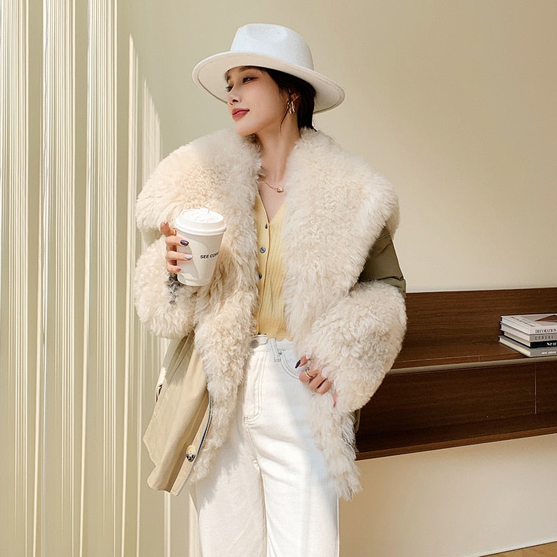 Max Wool Fur Collar Goose Down Jacket Female Women Thicken Warm Patchwork Real Fur One Large Collar Loose Coats Winter Outwears