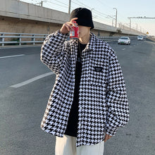 將圖片載入圖庫檢視器 Men Geometric Black White Casual Houndstooth Shirt Collar Outwear Traf Coats V Buttons Long Sleeve Men Top Jackets Fashion
