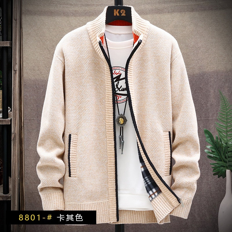 Men's Sweater Zipper Cardigan Autumn/Winter Fleece Catch Thick Warm Collar Jacket Artificial Fur Wool Coat