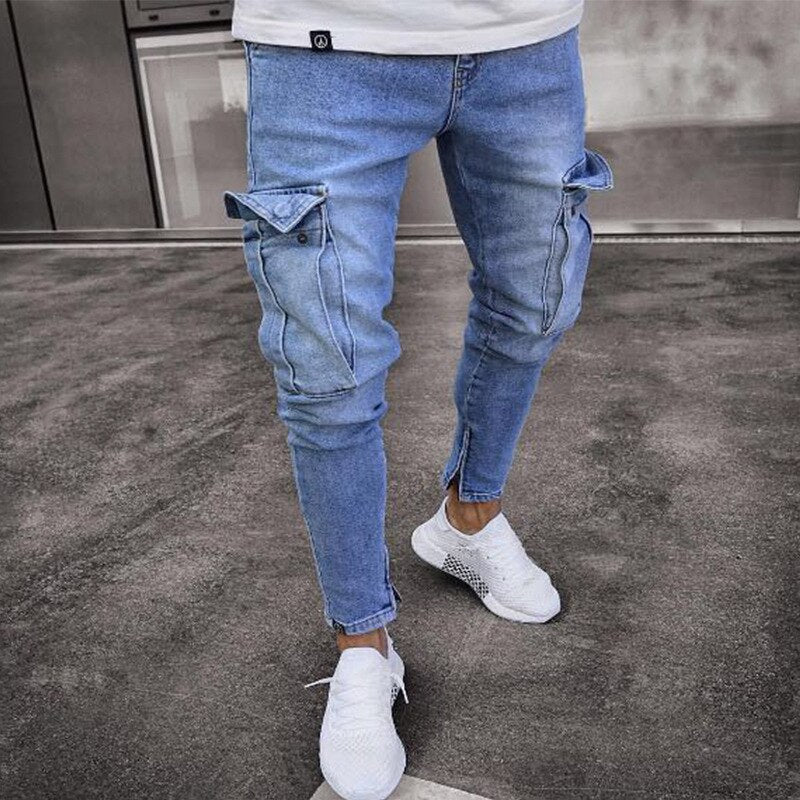 Mens Skinny Jeans Trend Knee Hole Zipper Pocket Denim Biker Jeans Hip Hop Distressed Slim Elastic Jeans Washed Jeans