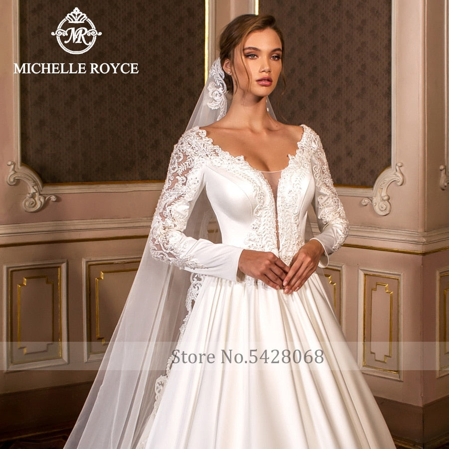 Michelle Royce A-Ling Wedding Dresses 2020 Sexy V-Neckline Long Sleeve Appliques Chapel Train Bridal Gowns Vestido De Noiva