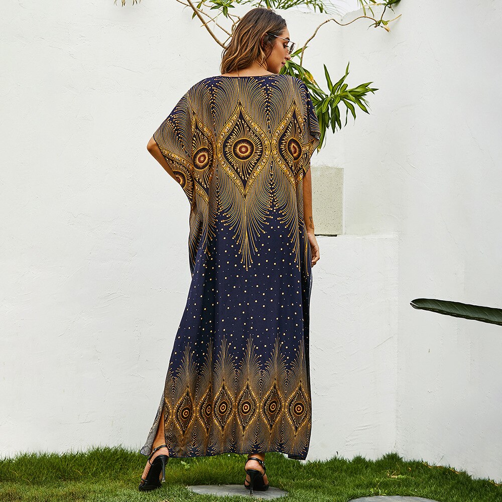 Middle East Abaya Dubai Muslim Robe Women O-Neck Bat Sleeve Elegant Holiday Loose Print Long Dress