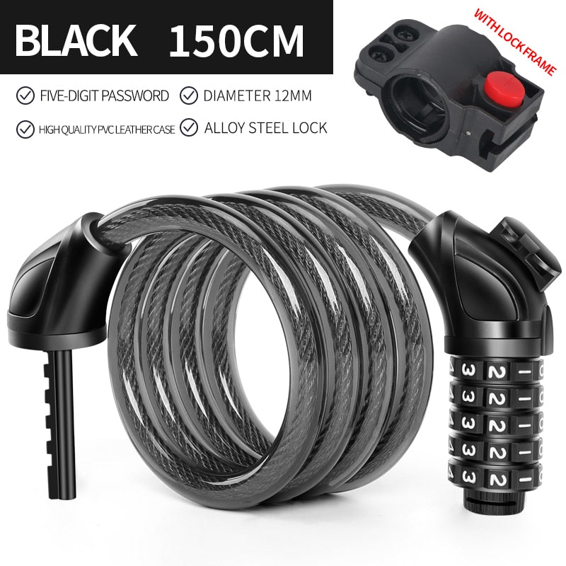 Mountain Bike Bicycle Lock Electric Stainless Steel Password Fixed Portable Anti-Theft Steel Wire Chain Lock Bicycle Accessories