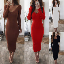 将图片加载到图库查看器,New 2019 Women Robe Dresses Long Sleeve Long Knitted Sweaters Dresses Autumn Winter Casual Sexy V Neck Sweaters Stripe Dress