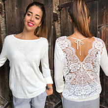 將圖片載入圖庫檢視器 Backless Lace Sheer Long Sleeve Embroidery Floral Lace Crochet Tee Shirt Tops Women's Blouse