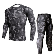 将图片加载到图库查看器,New Fitness Camo Shirt Men Compression Shirt 2Pcs/sets Sportswear MMA Rashguard Mens Joggers Leggings Gyms Bodybuilding Tights Camouflage Style