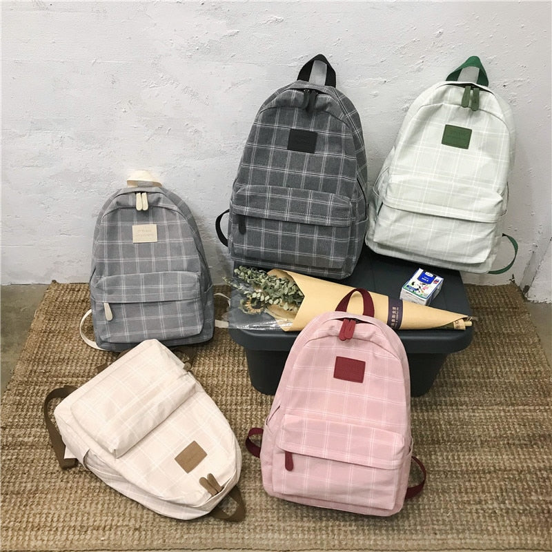 Women's Backpack Plaid Canvas Teenager Travel Rucksack Large Capacity Multifunctional Bag Casual Schoolbag