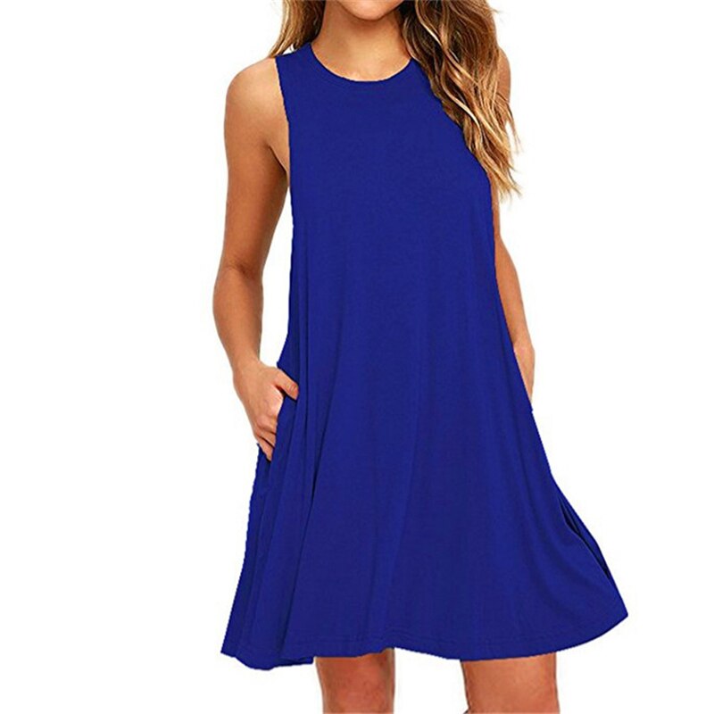 New Summer Women Ladies Vest Dress Crew Neck Sleeveless Solid Color Big Hem Pockets One Piece Suit Plus Size Female Party Casual