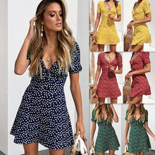 將圖片載入圖庫檢視器 New Women Summer Casual Short Sleeve Floral Boho Dress Party Evening Beach V neck Dress Fashion Sexy Mini Dresses