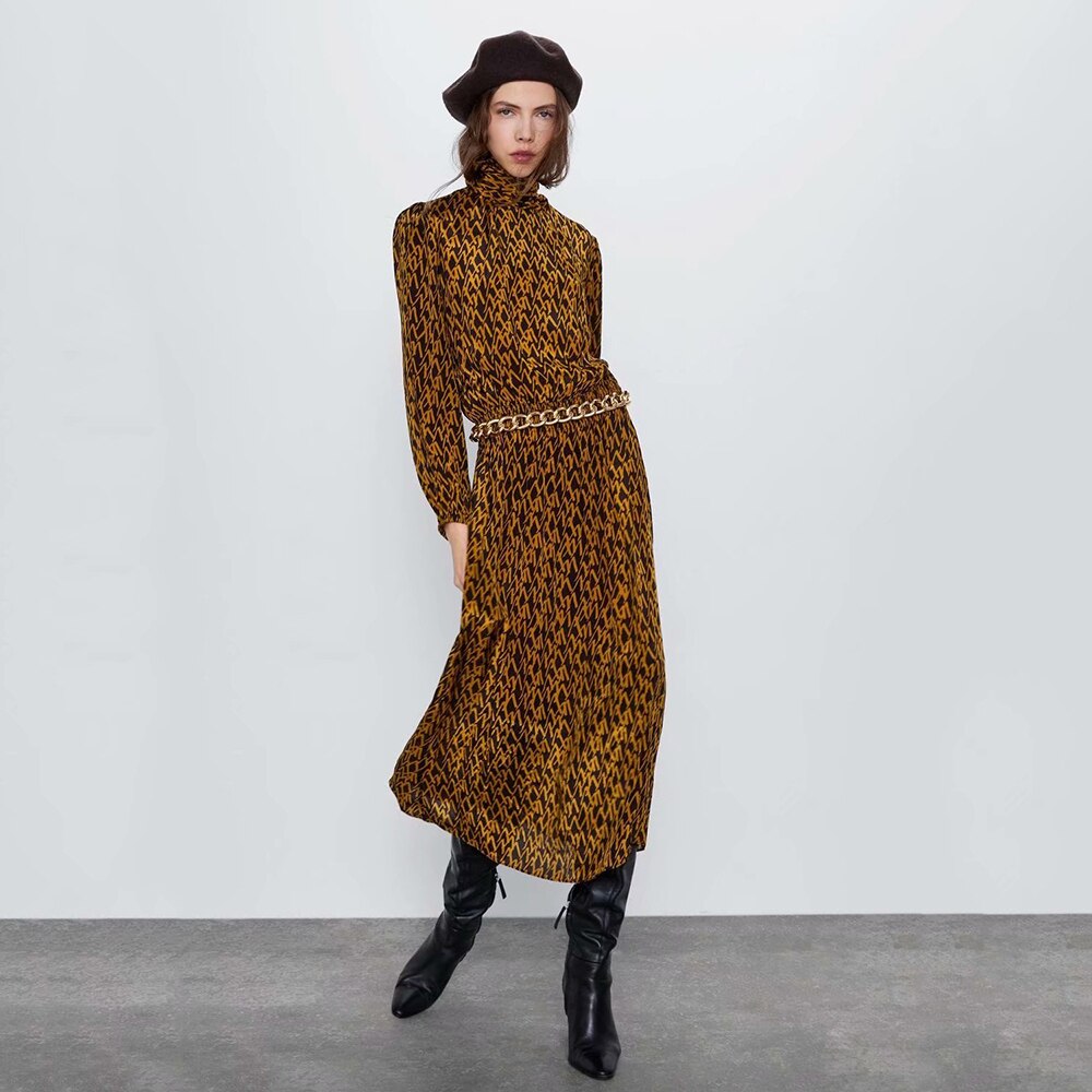 New ZA Chic Print Multicolor Long Dress Women Turn Down Collar Long Sleeve A Line Design Charm Temperament Autumn Style Dress