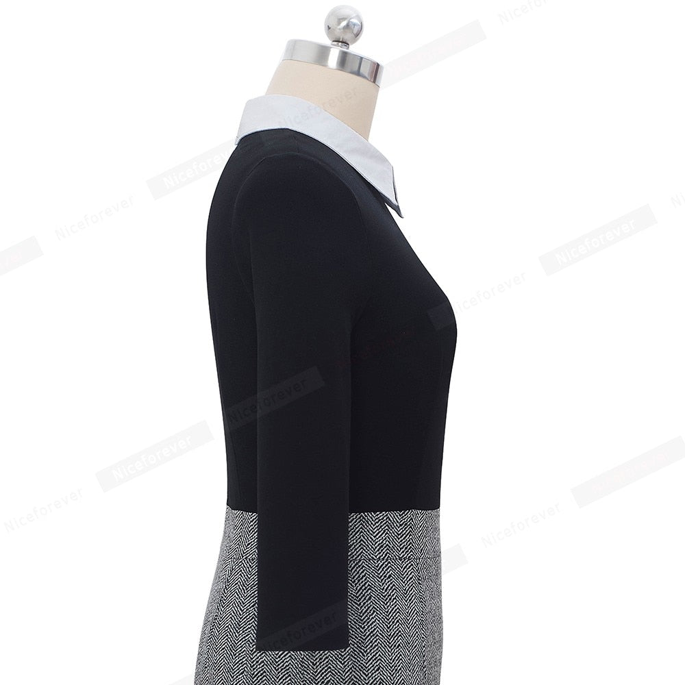 Nice-forever Elegant Contrast Color Patchwork Office Work Dress Suit Business Party Women Bodycon Dress B568
