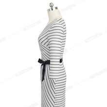 将图片加载到图库查看器,Nice forever Elegant V neck Striped Dress Office Business Party Bodycon Autumn Women Dress B548