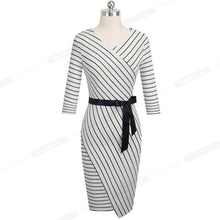 将图片加载到图库查看器,Nice forever Elegant V neck Striped Dress Office Business Party Bodycon Autumn Women Dress B548