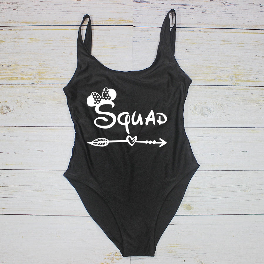 One Piece Swimsuit BRIDE&SQUAD Cute Print Sexy Thong Swimwear Women High Cut Bathing Suit Backless Black Beach Monokini Bodysui