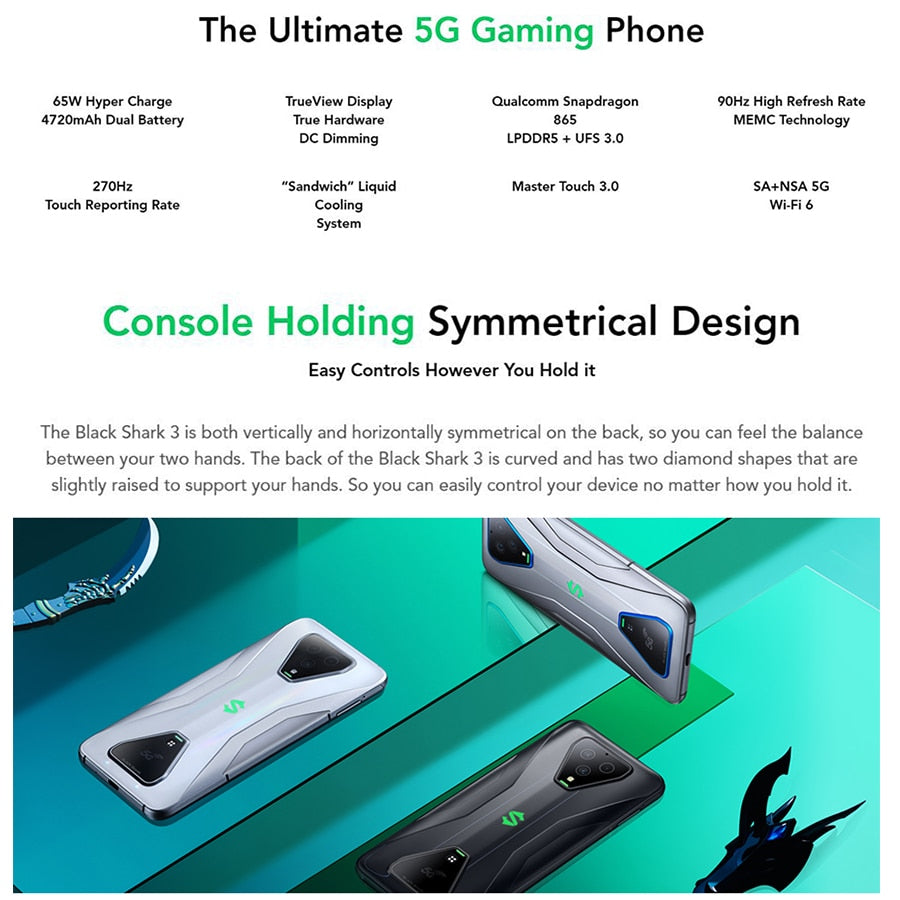 Original Black Shark 3 Global Version 8G 128G Gaming 5G Mobile phones Octa Core 4720mAh 6.67" Snapdragon 865 Smartphone
