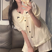 Load image into Gallery viewer, Pajama Sets Women Bow Fashion Harajuku Casual Summer Popular Nightwear Turn Down Collar Simple Preppy Style Female Lovely Girls